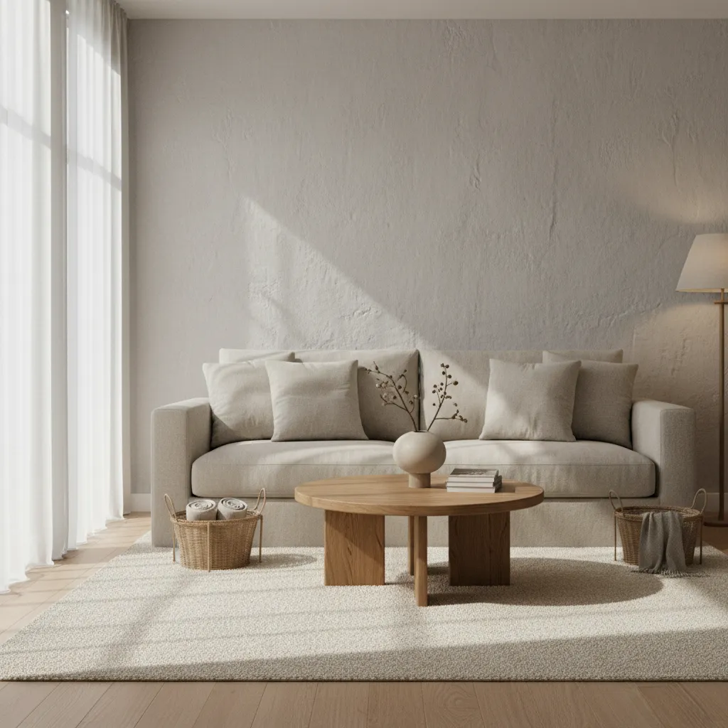 Minimalist beige living room with cozy sofa, round wood table, textured wall, and natural sunlight
