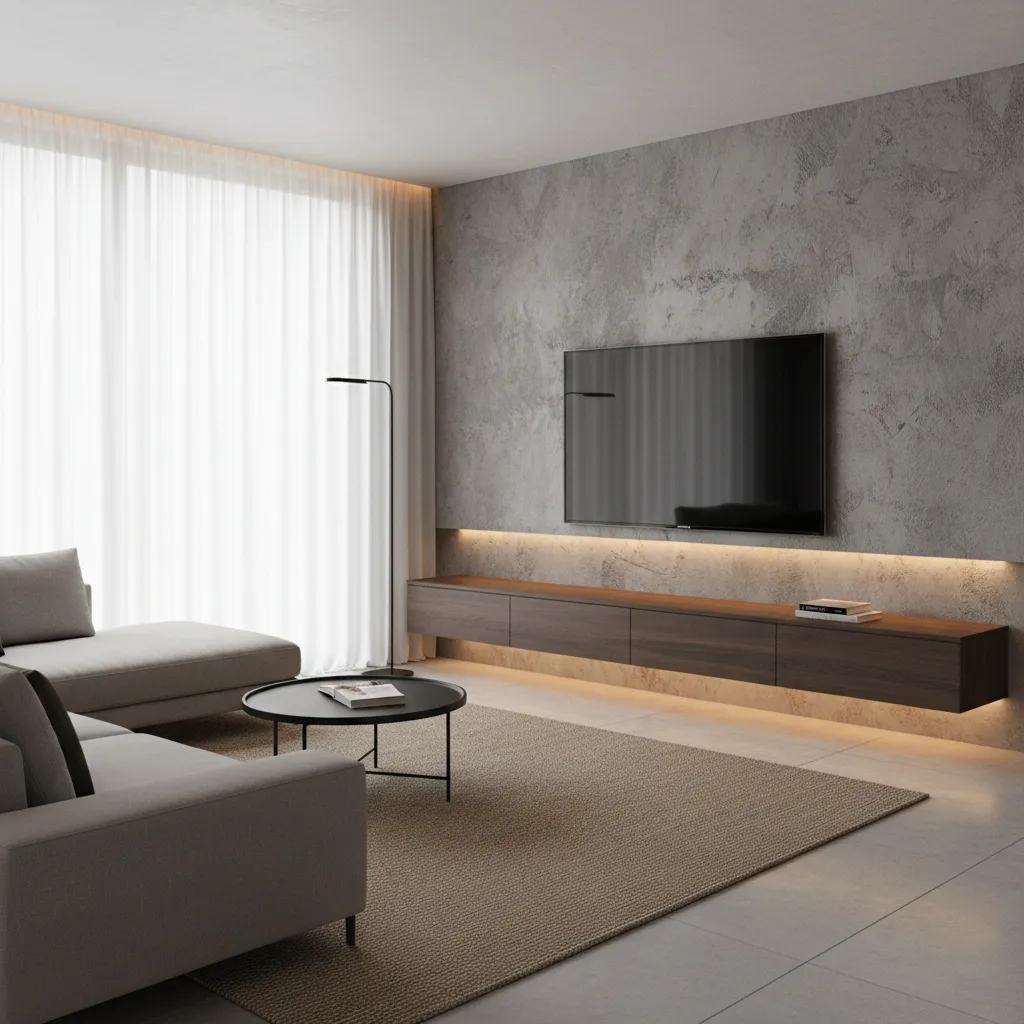 TV wall with modern textured paint design in a contemporary hall