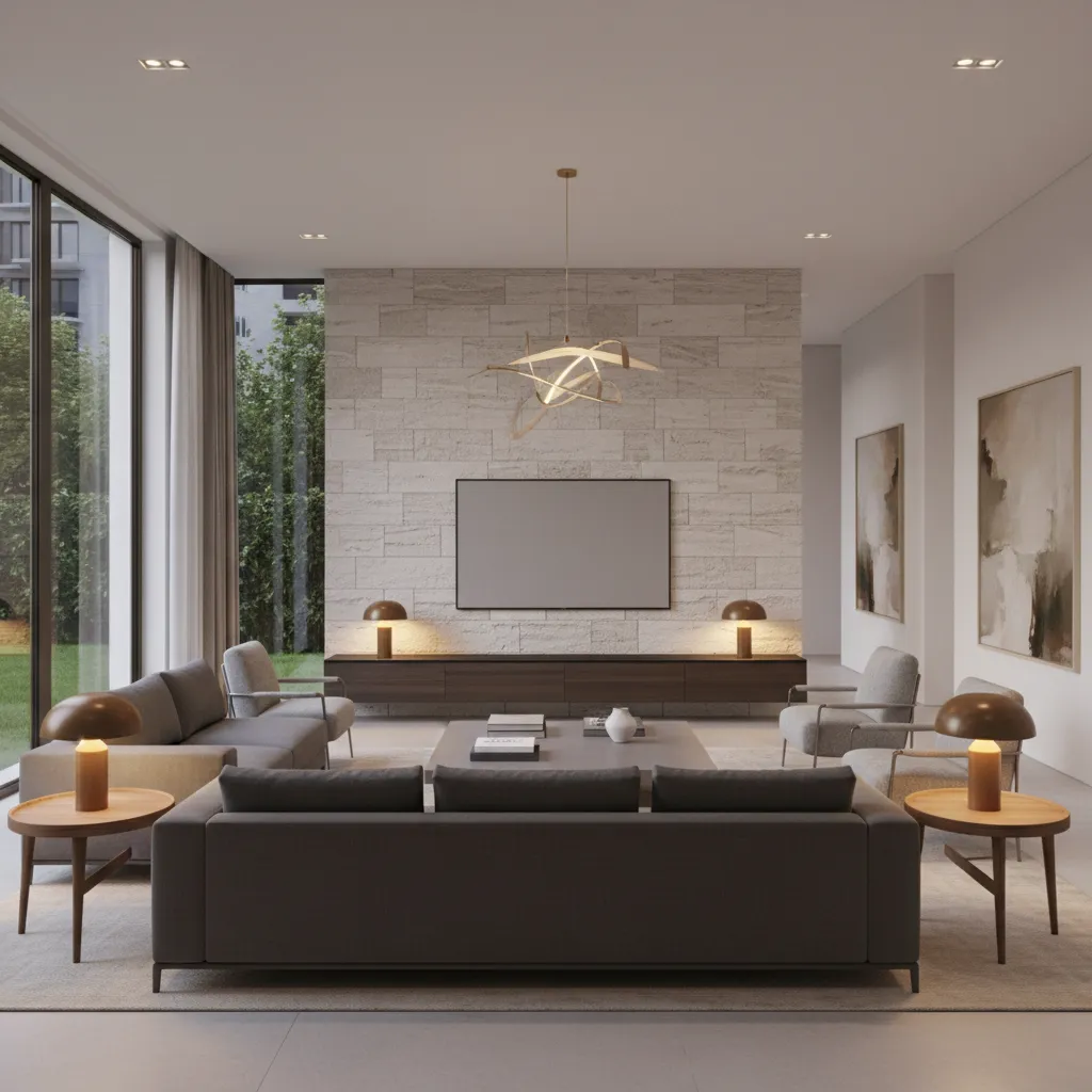 living room interior showing textured feature wall with furniture layout