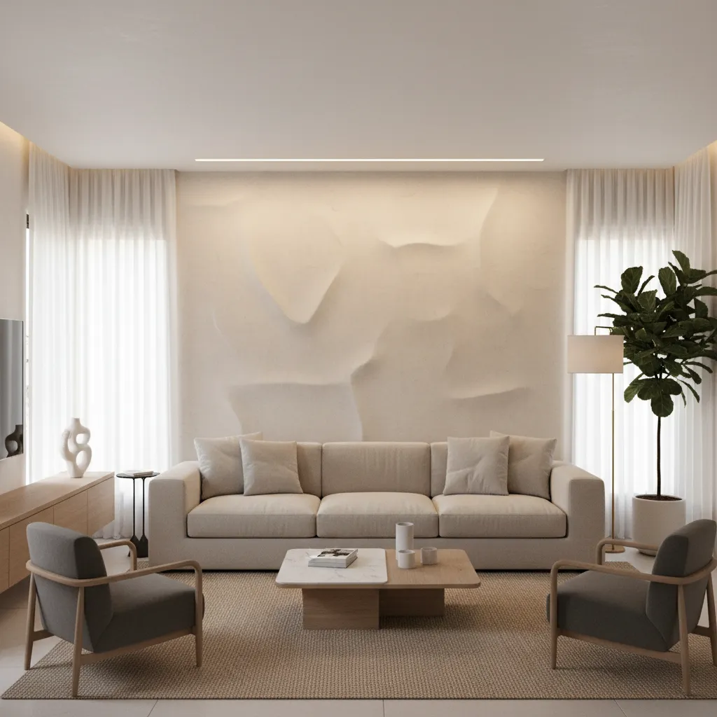 Living room layout showing textured wall behind sofa seating area