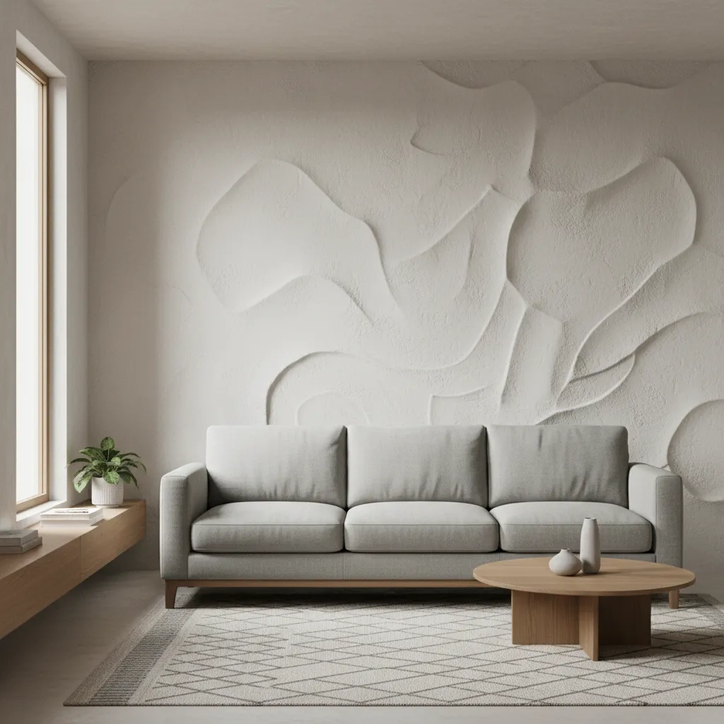 Living room sofa against a textured accent wall showing depth and lighting shadows