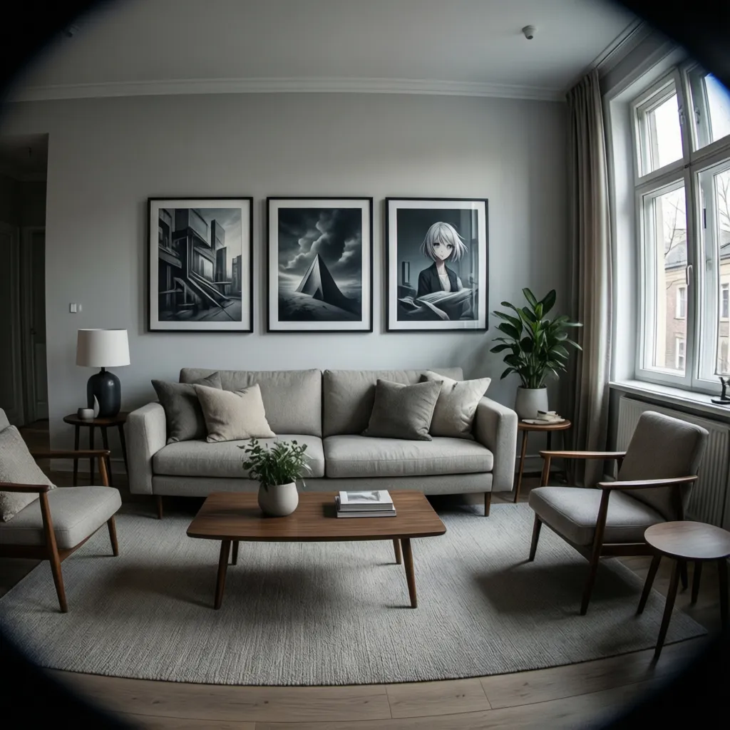 living room sofa with three framed artworks aligned above it