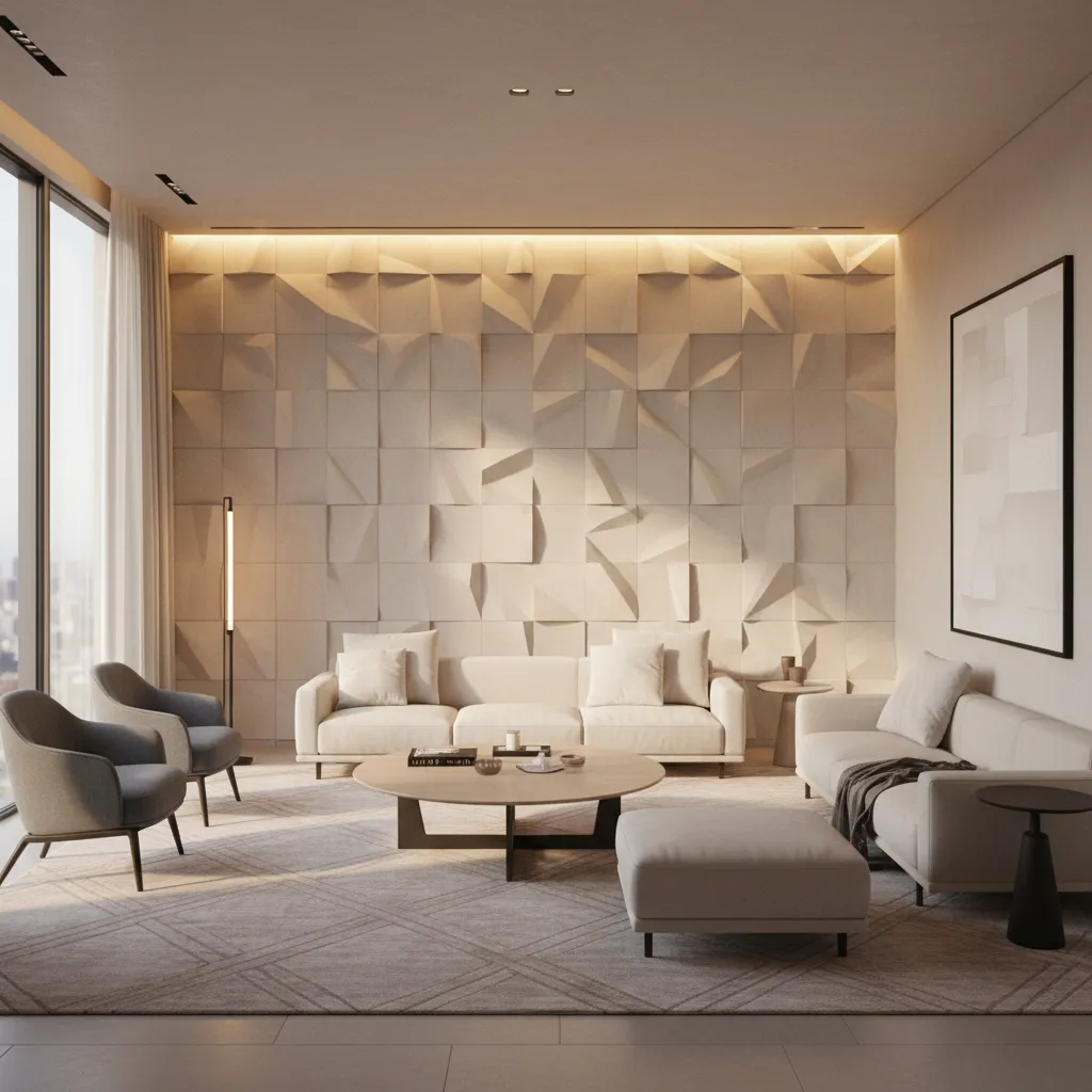 accent wall tiles with indirect lighting in modern living room