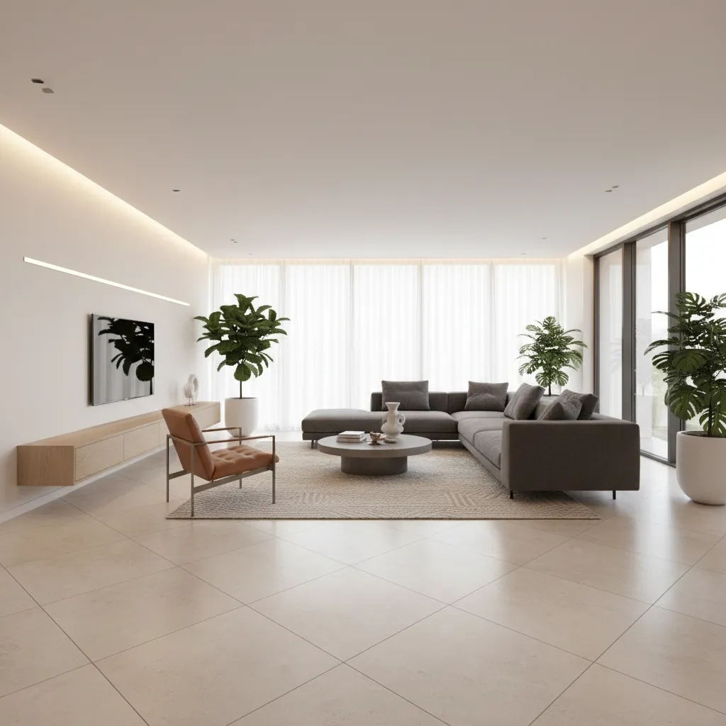 Diagonal vitrified tile layout design in a modern living room