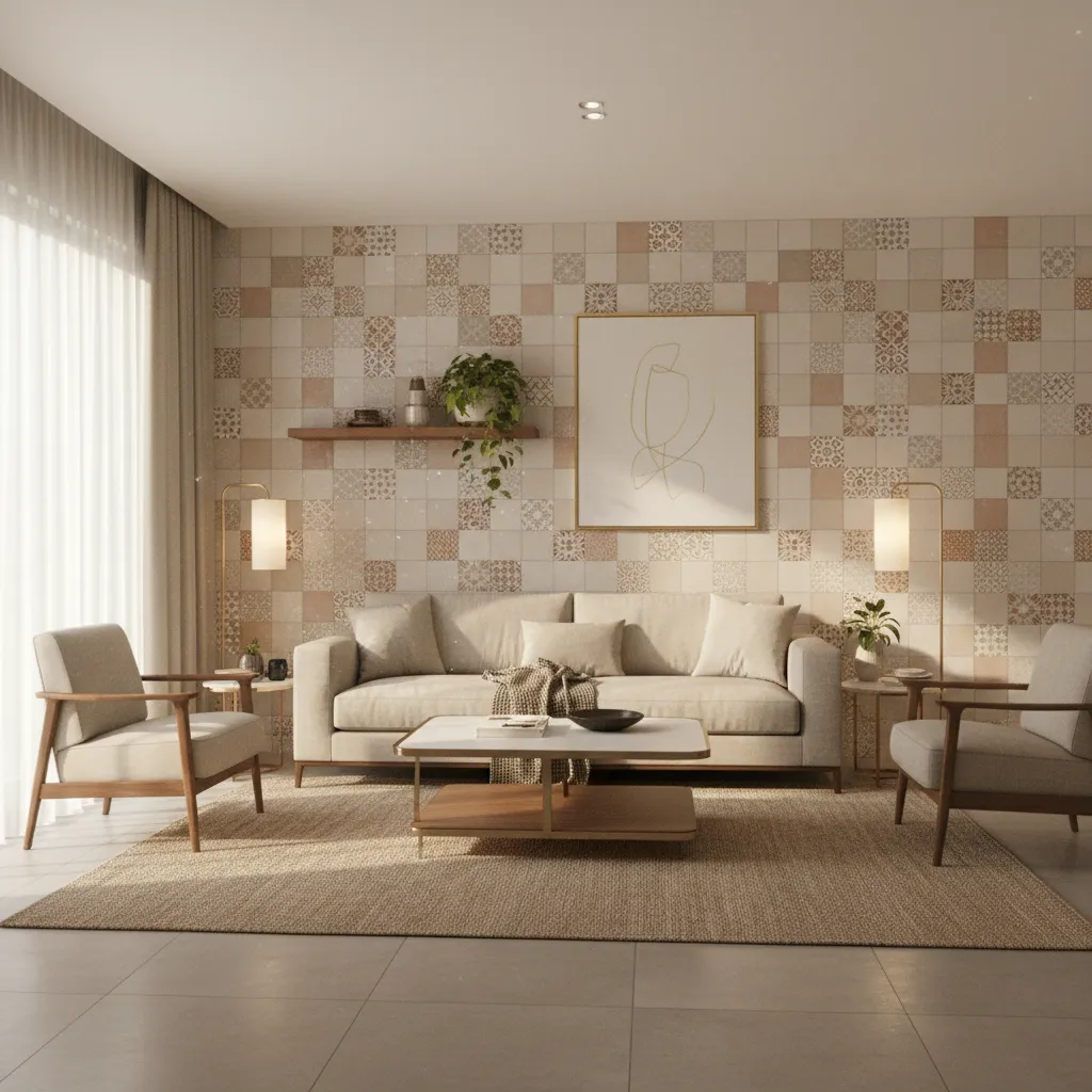 Modern sofa with decorative tile feature wall behind it