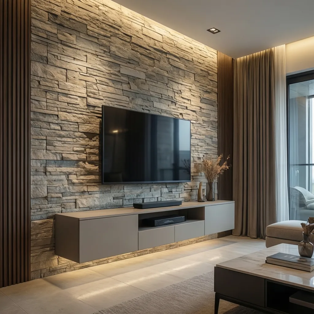 stone texture tile feature wall behind tv in living room