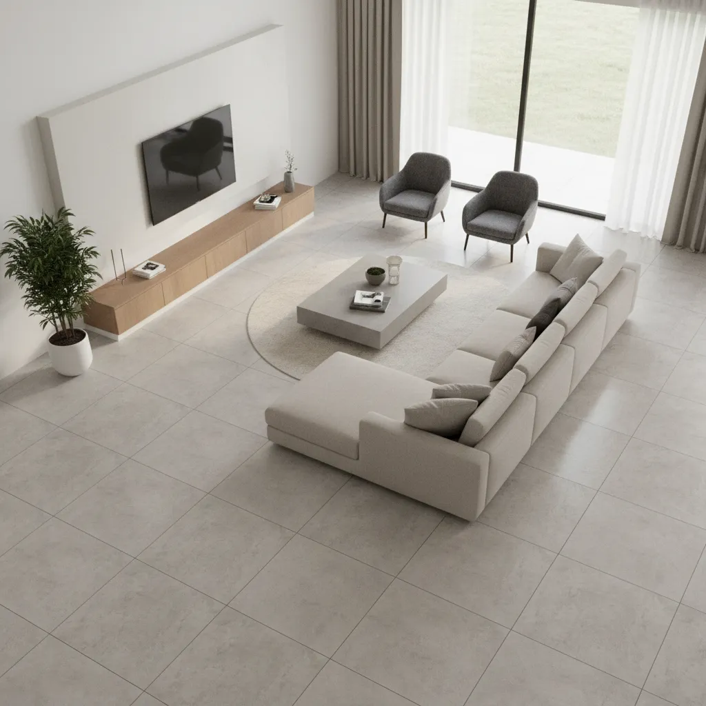 3D visualization of ceramic tile layout in a living room