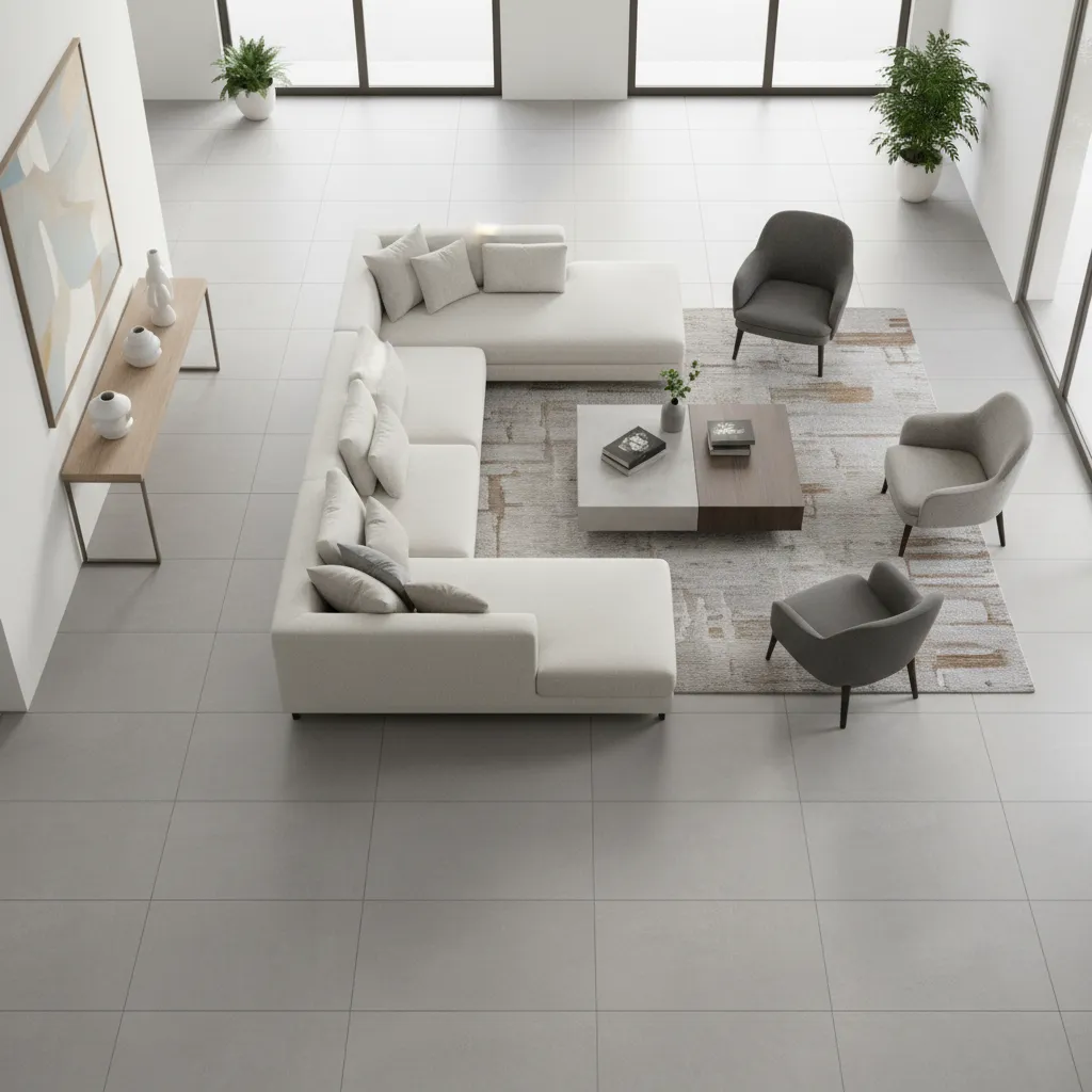 living room floor tile layout with large rectangular tiles