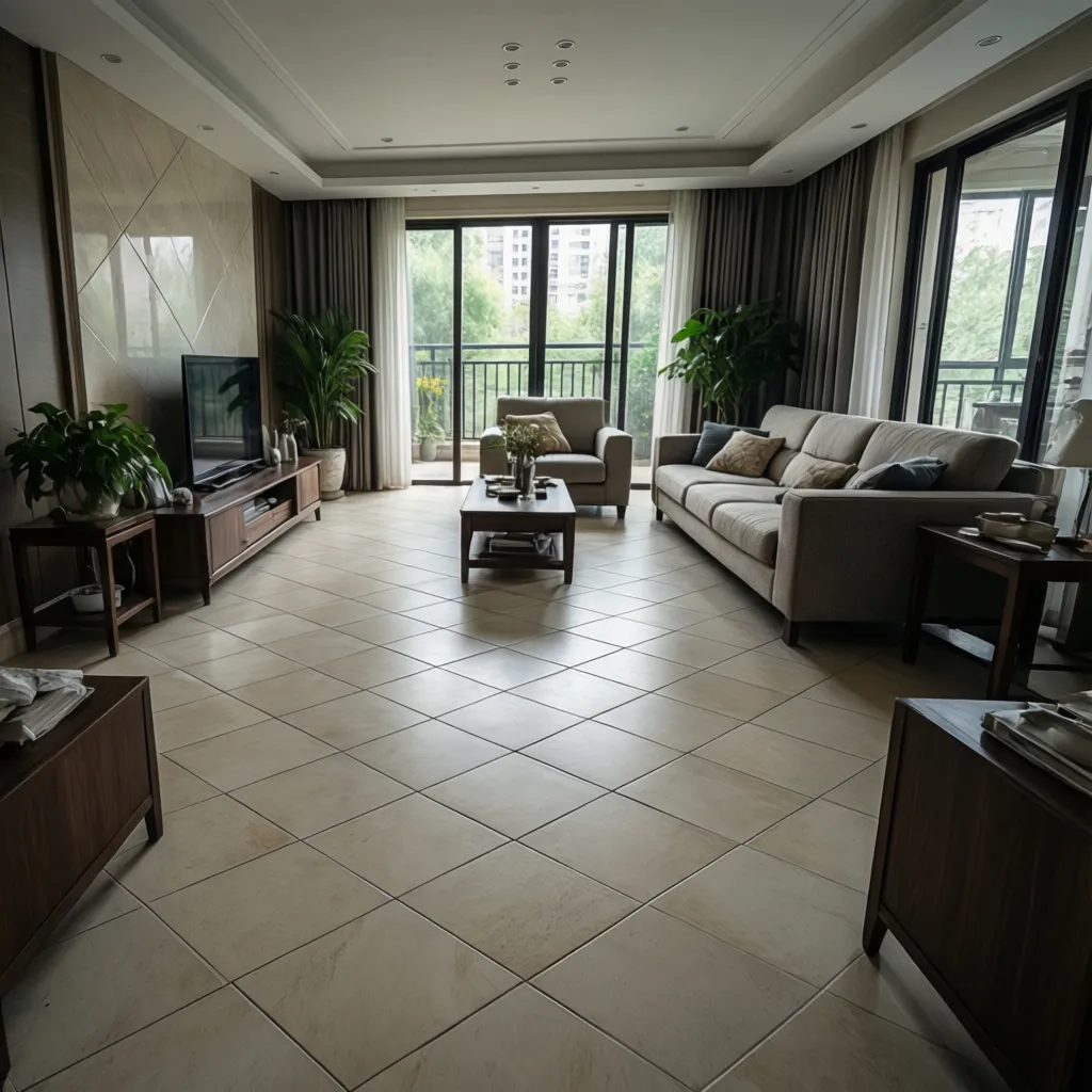 Diagonal tile layout in a contemporary living room floor design