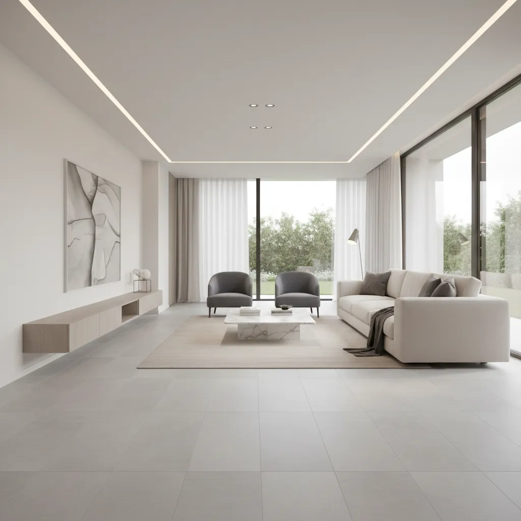 rectangular floor tiles installed lengthwise in living room layout