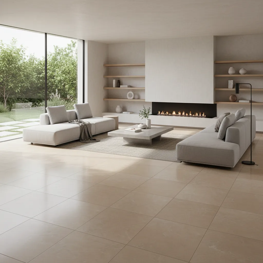 Living room showing diagonal tile layout pattern