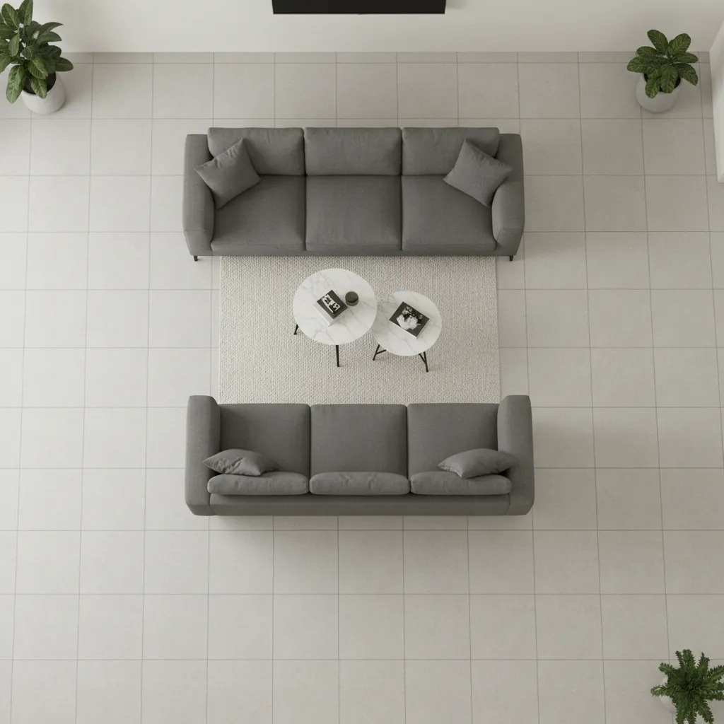 3D living room floor layout showing tile pattern planning