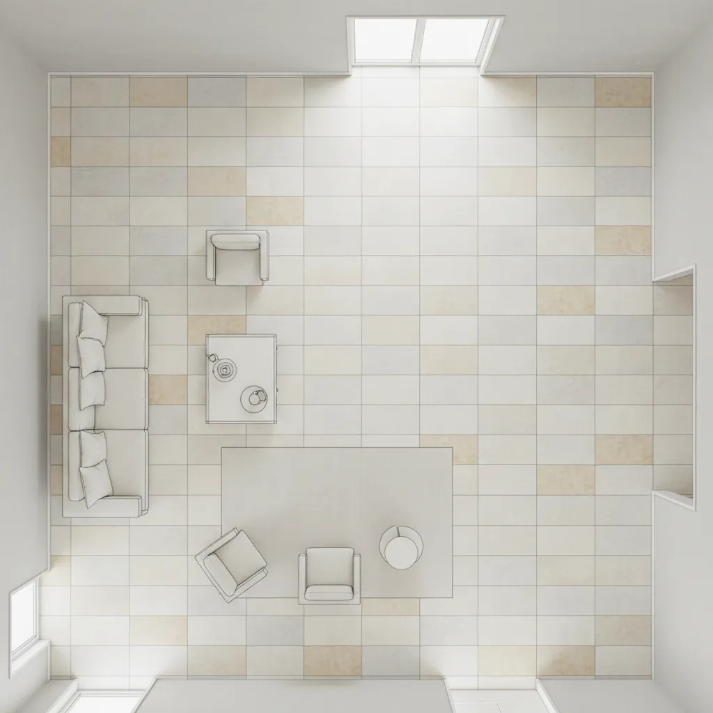 Floor tile layout planning for a living room using large square vitrified tiles