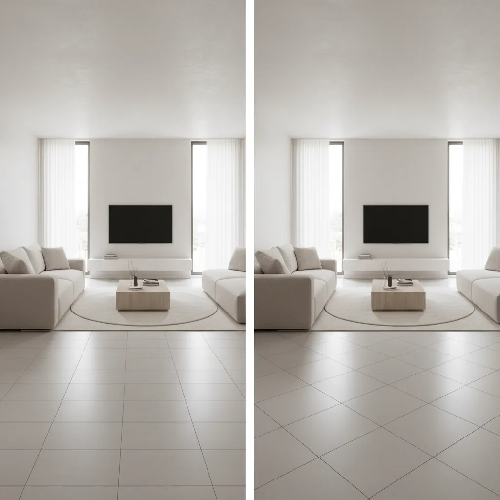 Different living room tile layout patterns including grid and diagonal installations