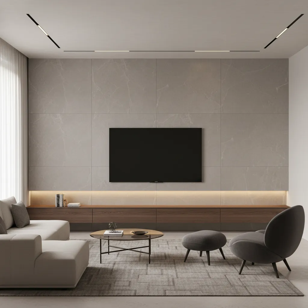 Large format tile TV wall design in modern living room