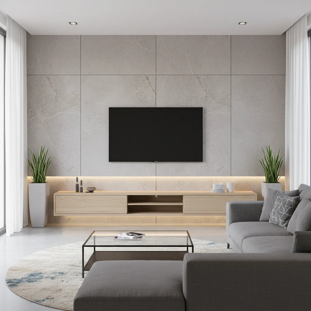 Modern TV wall with light stone tiles in a small living room