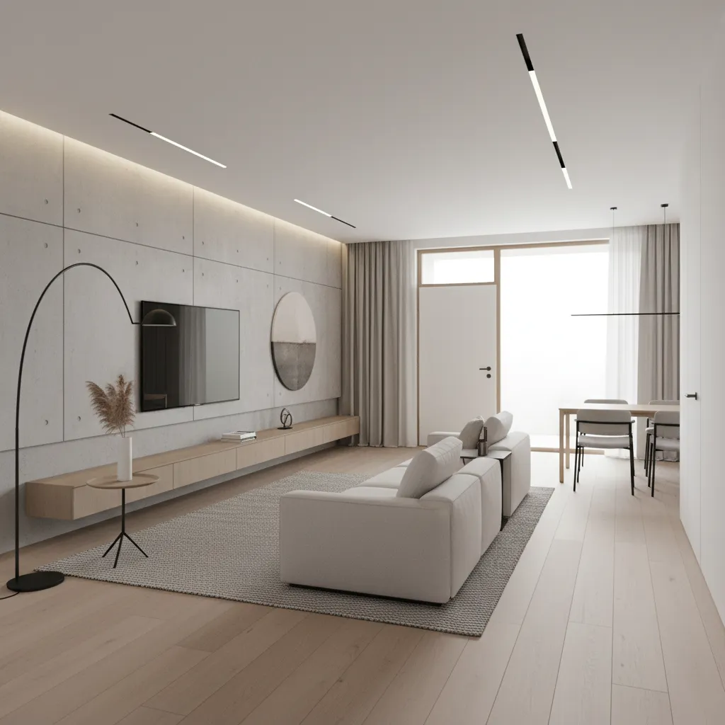 Modern living room with grey sofa wooden floor concrete wall panel wall light and curtains