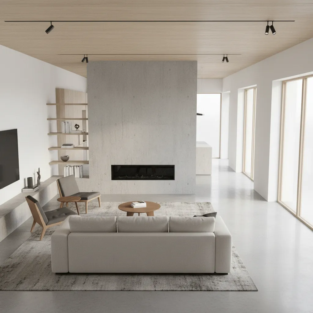 living room layout showing walkway behind sofa placed in front of fireplace