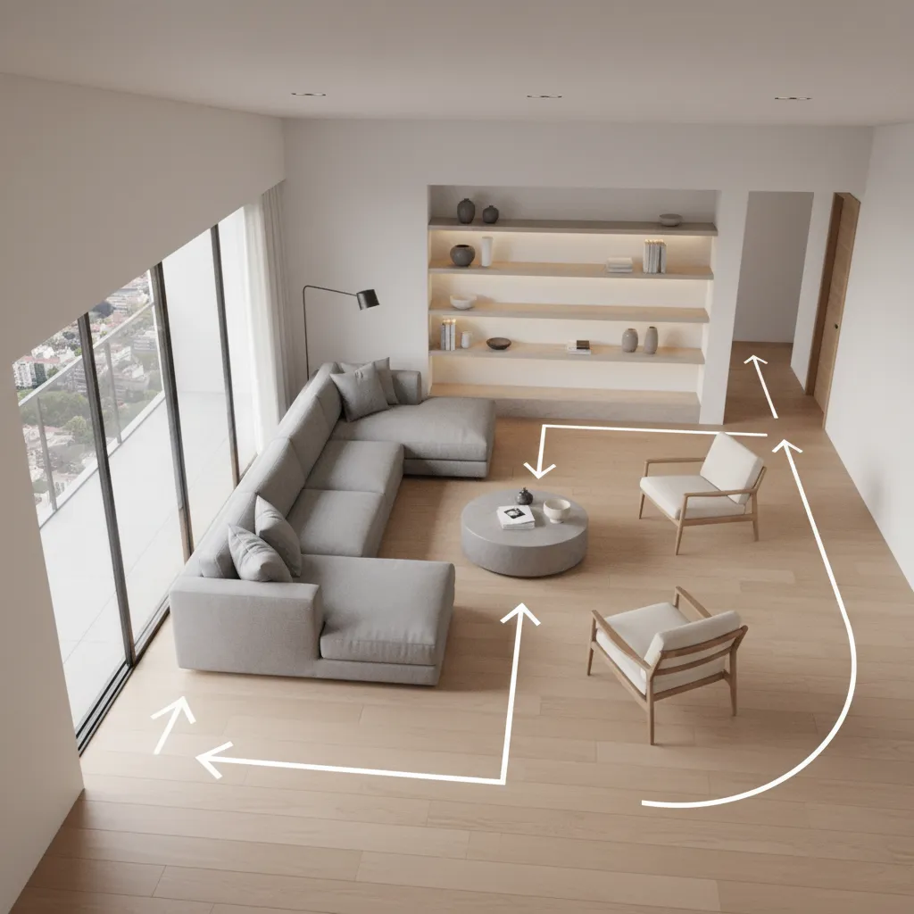 Living room diagram style showing traffic flow around an angled couch