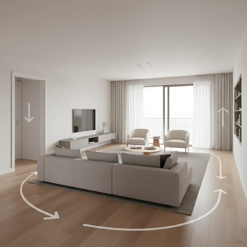 living room furniture layout showing traffic flow paths around seating