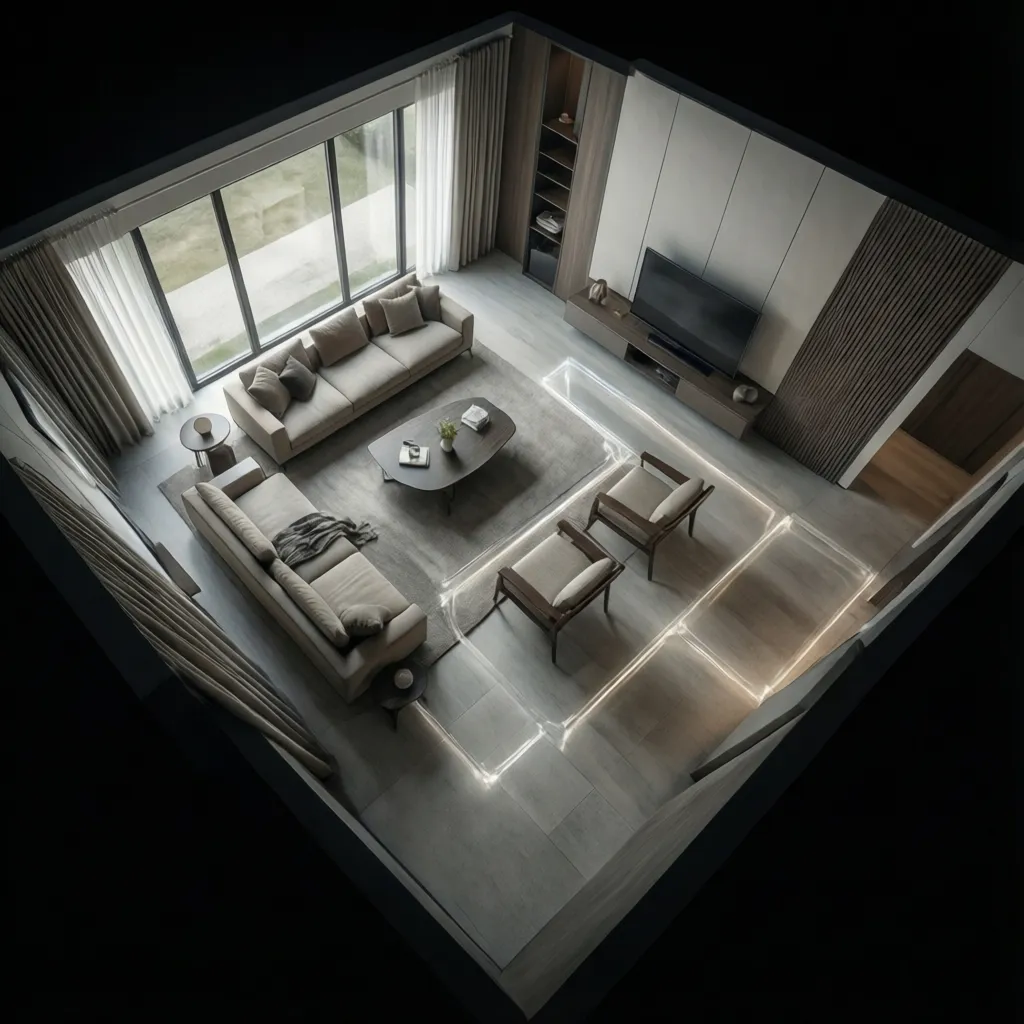 living room layout illustrating circulation space around furniture