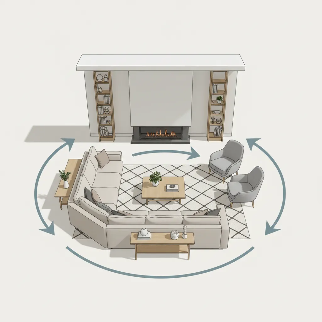 diagram showing walking paths and furniture placement in a 13x16 living room