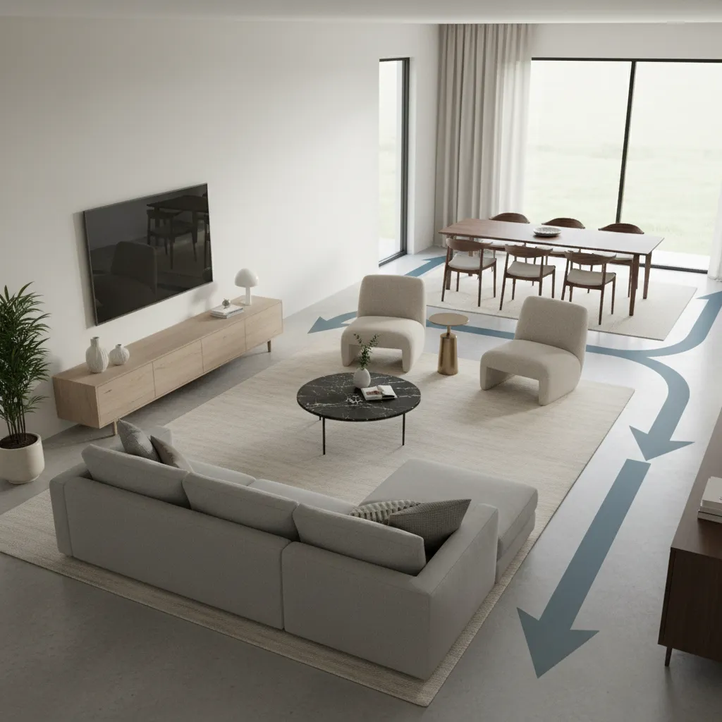 Living room layout showing curved and straight traffic flow paths