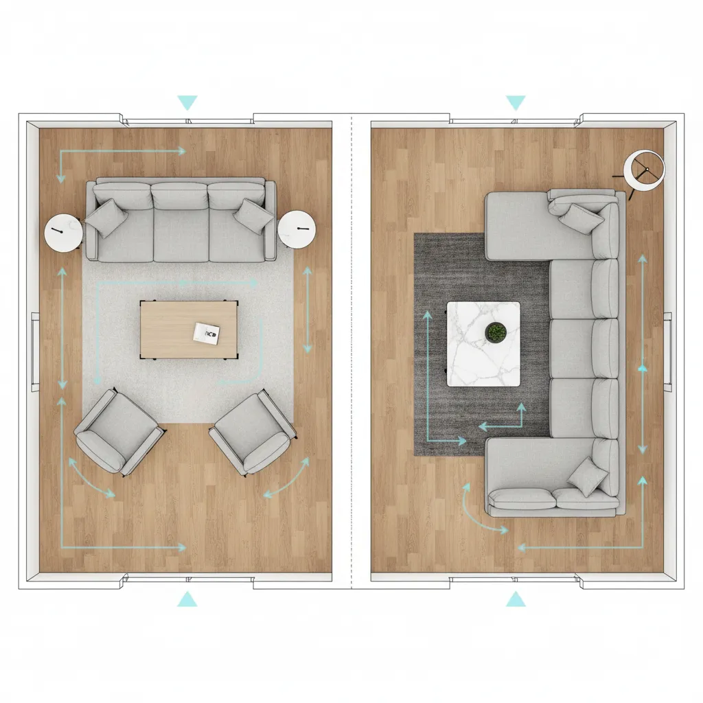 living room layout diagram showing walking paths around furniture