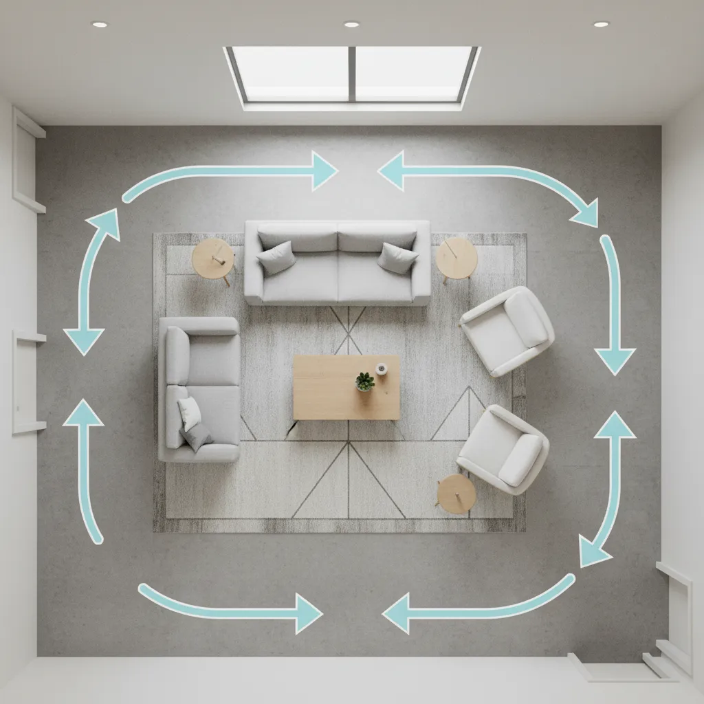 Living room layout showing clear traffic paths around seating area