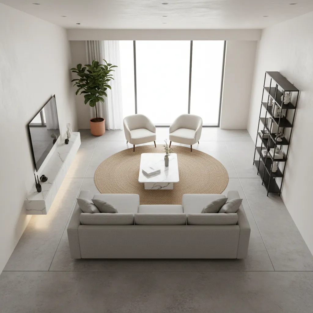 15x15 living room layout showing clear traffic flow paths around seating area