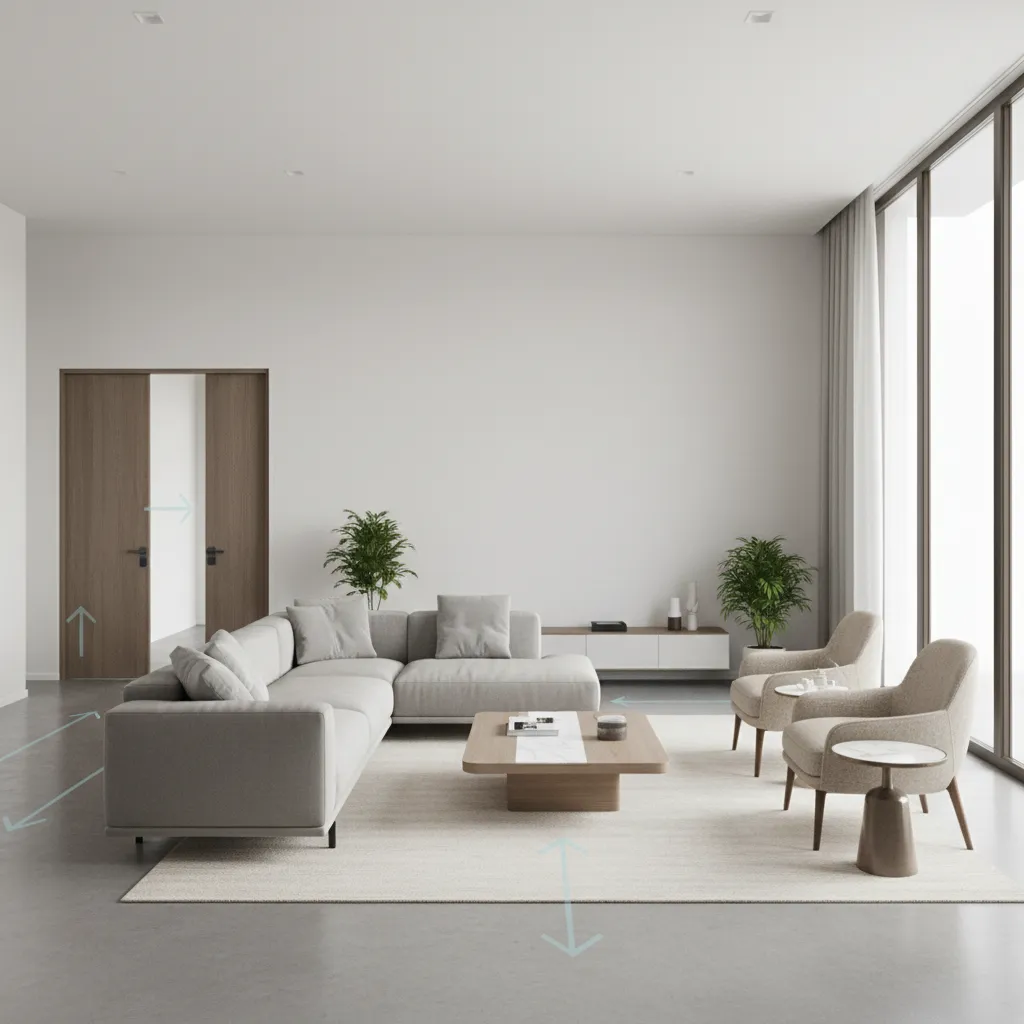 living room layout showing traffic flow paths around furniture