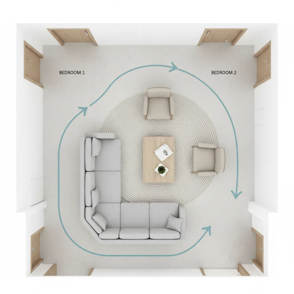living room traffic flow paths between bedroom doors and seating