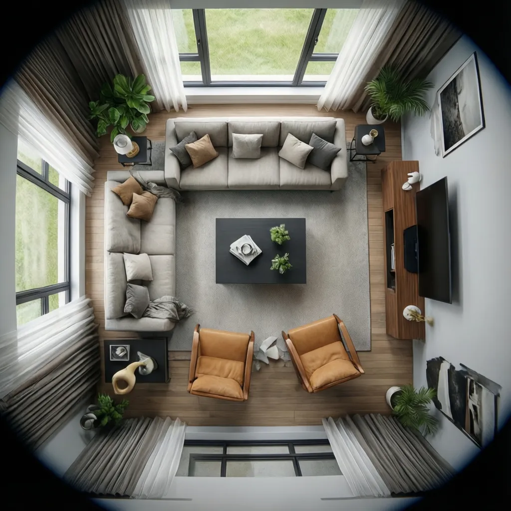 Living room traffic flow spacing and circulation paths diagram style interior render