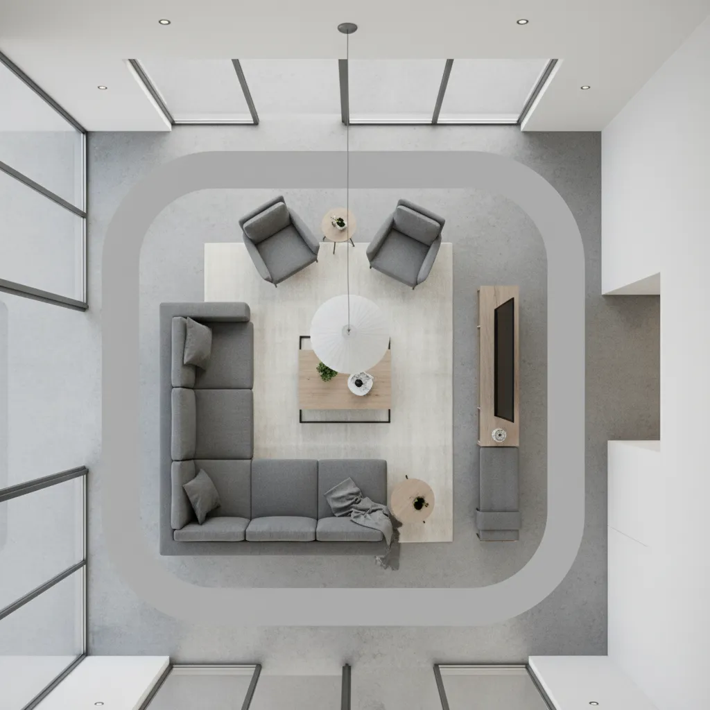 living room floor layout showing clear circulation paths around furniture