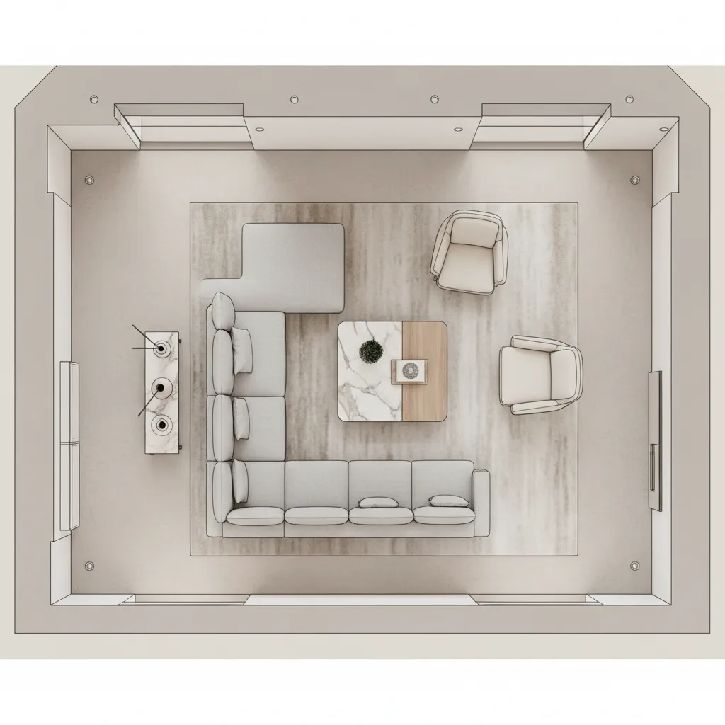 diagram style living room layout showing clear traffic flow around seating area