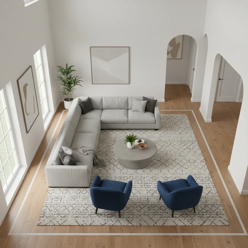 Living room layout demonstrating clear walking paths around furniture