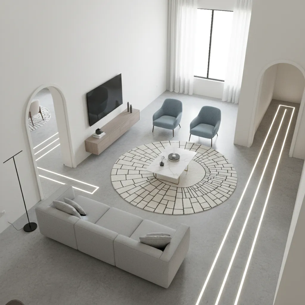 Living room diagram style interior showing clear walking paths between furniture