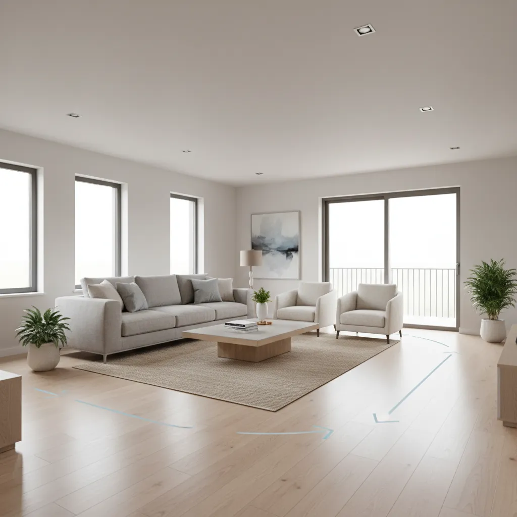 living room layout diagram showing clear walking paths around furniture