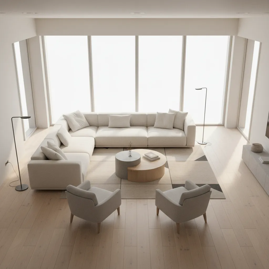 Large modern living room with white corner sofa grey armchairs wooden coffee table and lamps