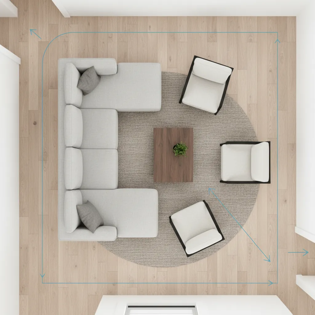 Living room floor plan diagram showing walking paths and furniture placement