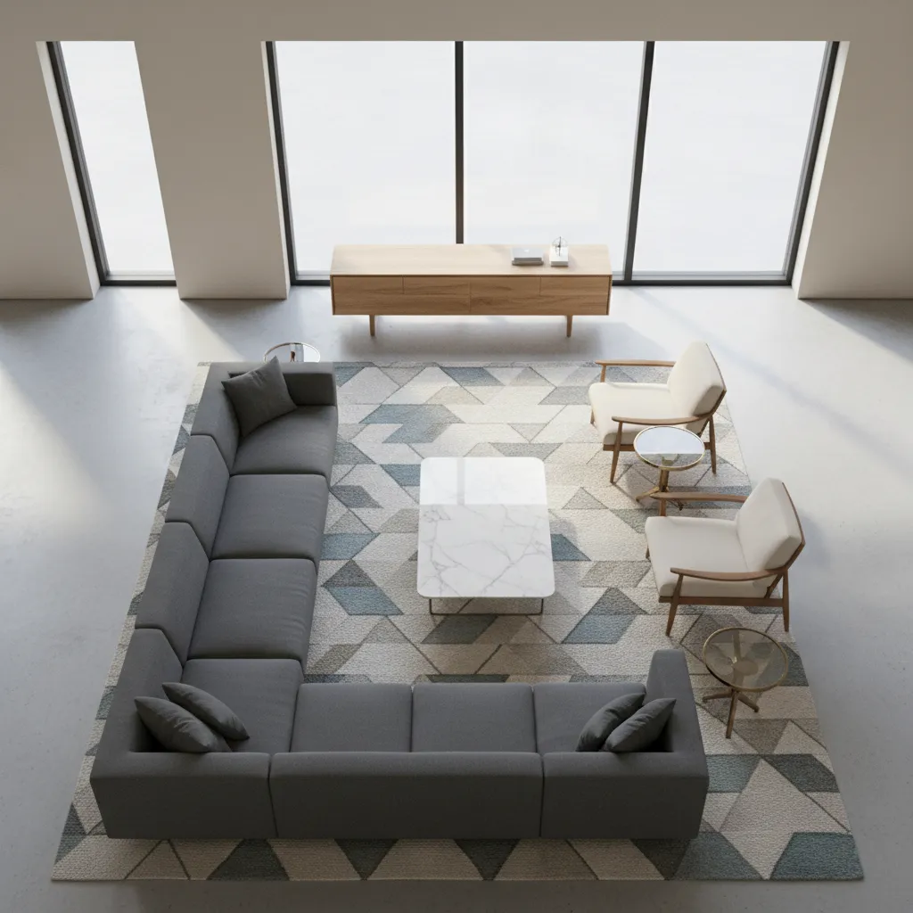 large living room layout showing clear walking paths behind sofa