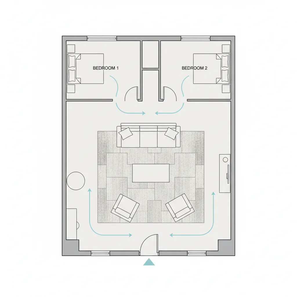 living room layout diagram showing traffic paths between bedroom doors