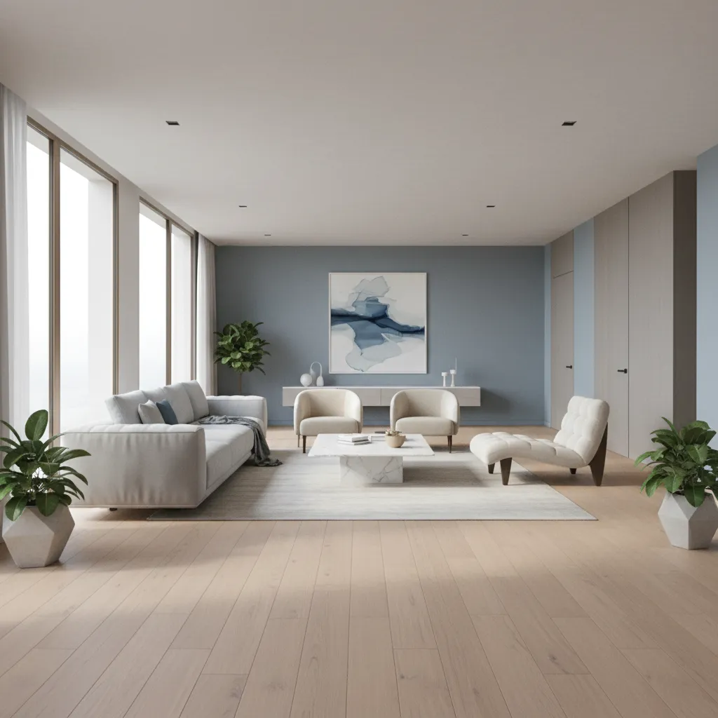 Long living room layout showing clear walking path behind seating area
