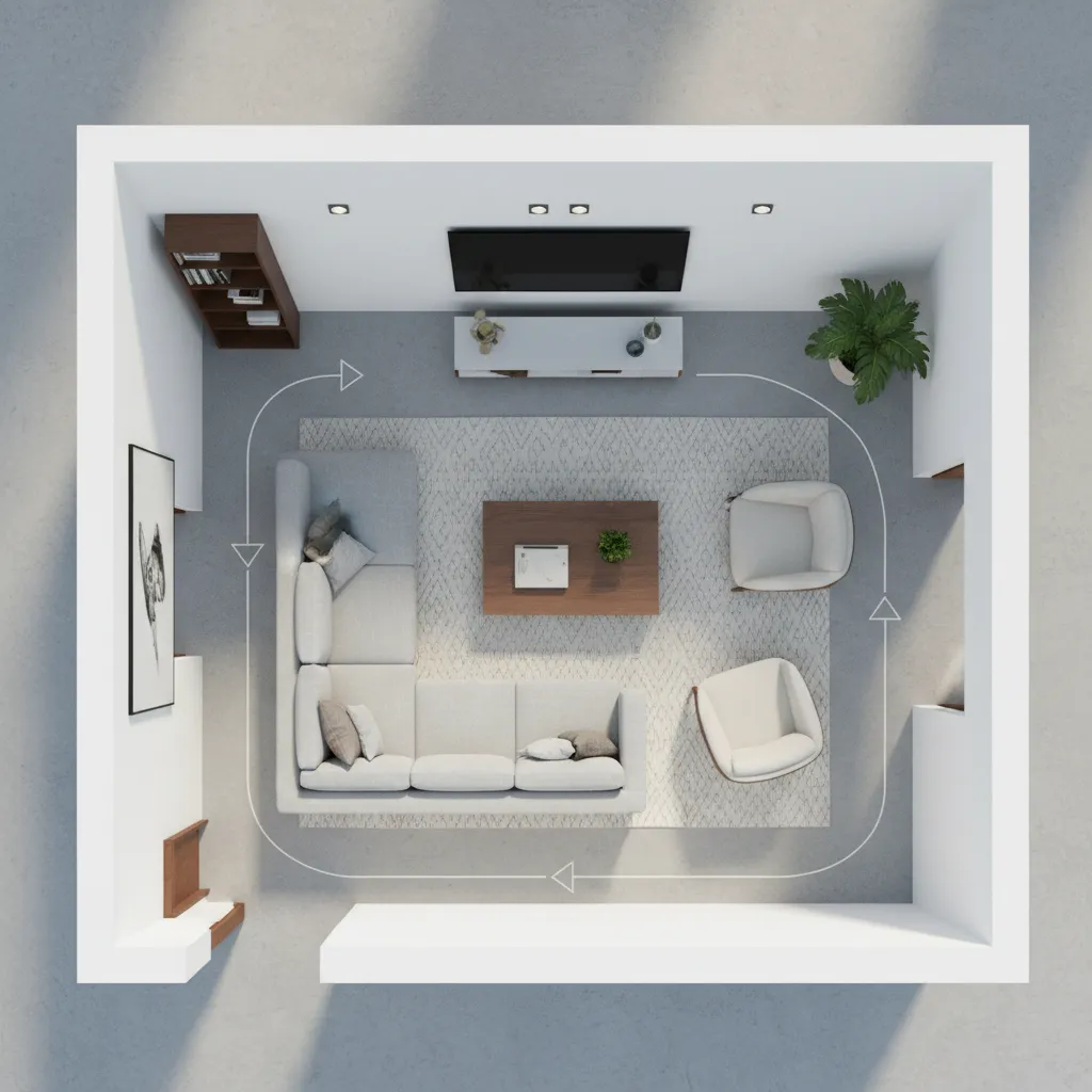 living room layout diagram showing clear traffic flow paths