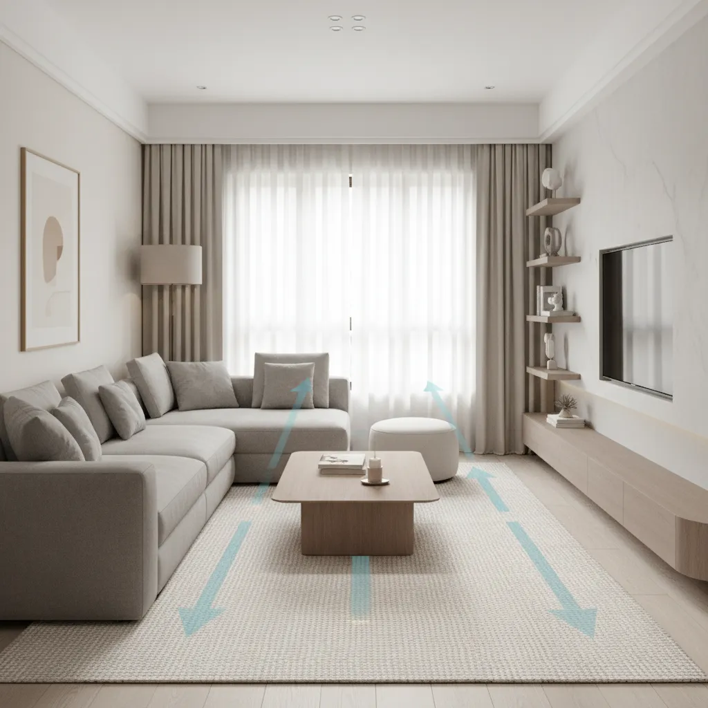 Living room furniture blocking walking path in narrow layout