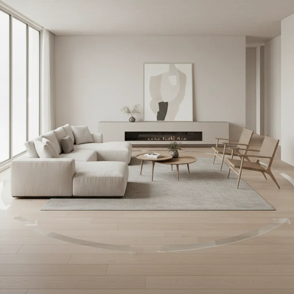 Living room diagram showing traffic flow around sofa seating layout