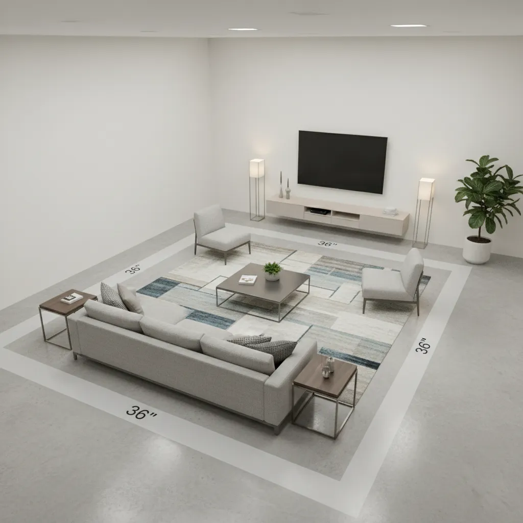 Living room layout illustrating clear traffic flow paths through a rectangular space