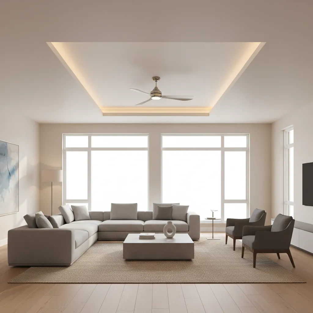 modern tray ceiling living room with ceiling fan centered in recessed ceiling panel