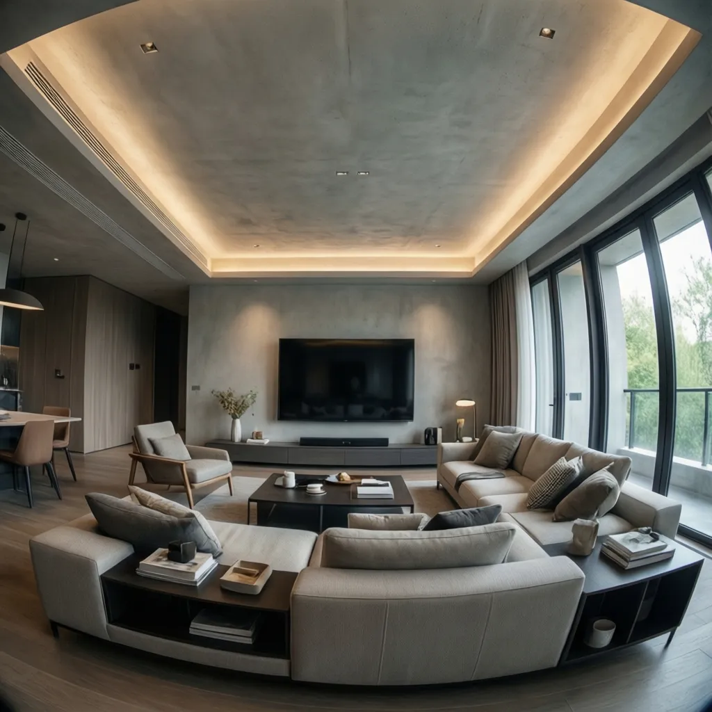 Minimalist tray ceiling above sofa seating area in living room