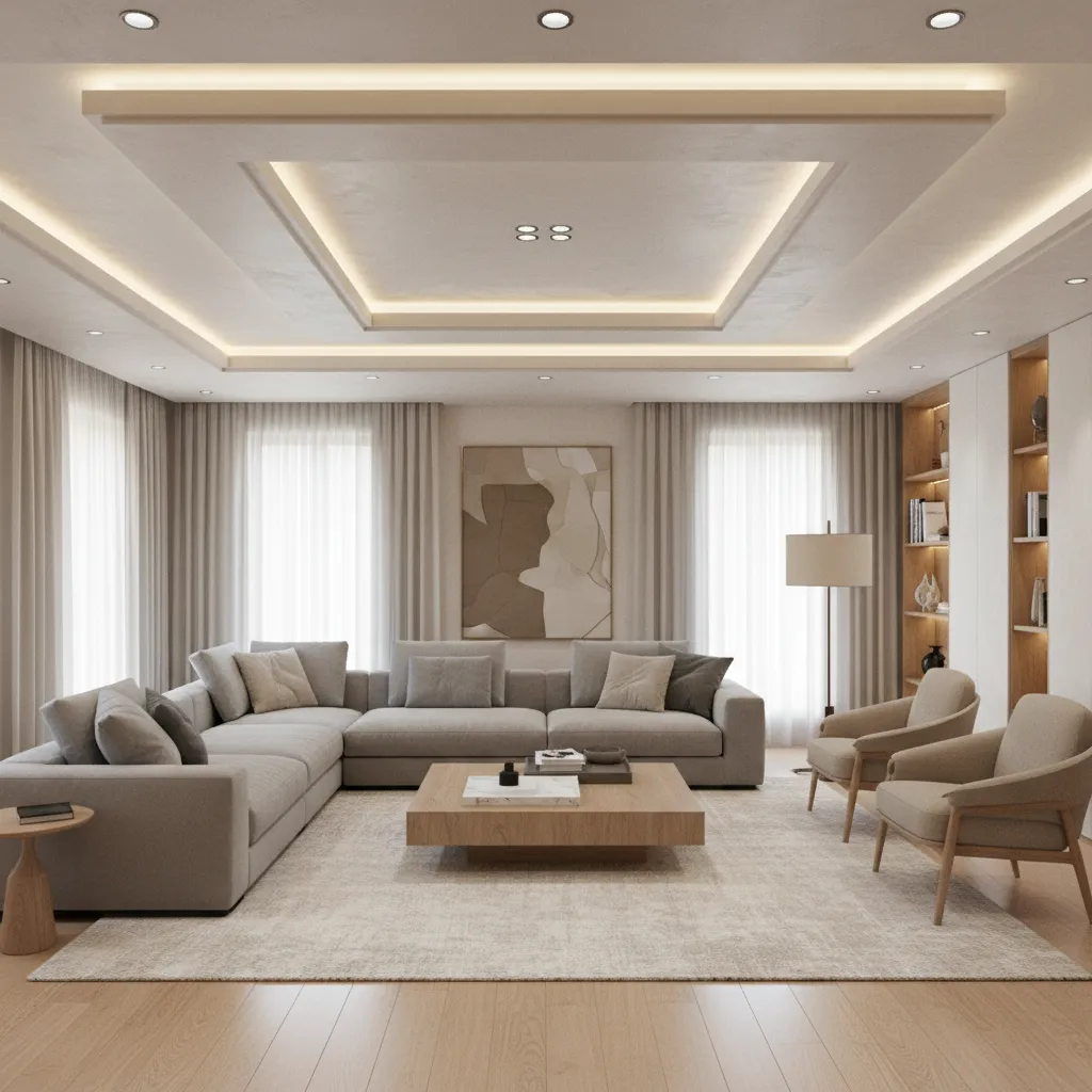 modern living room tray ceiling with recessed lighting